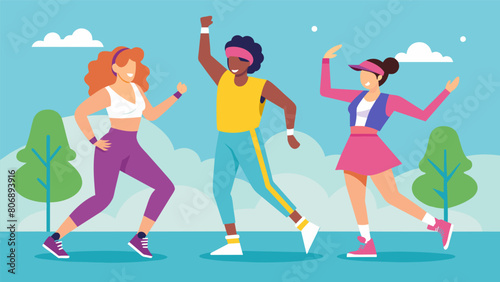A group of friends dressed in retro workout clothes dancing to 80s music during a Flashback Fitness Day at the local park.. Vector illustration