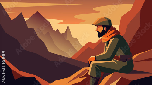 Amidst the rugged terrain of a mountain pass a stoic soldier pauses to reflect on his reasons for fighting and the meaning of sacrifice.. Vector illustration