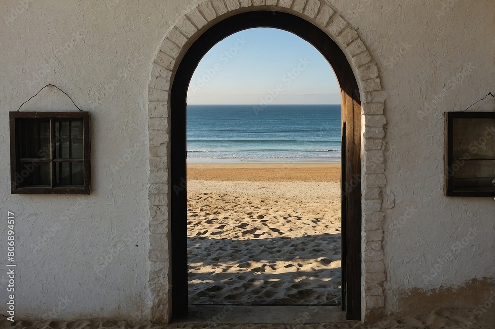 Fototapeta premium Serene beach view through an arched doorway