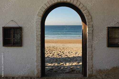 Serene beach view through an arched doorway