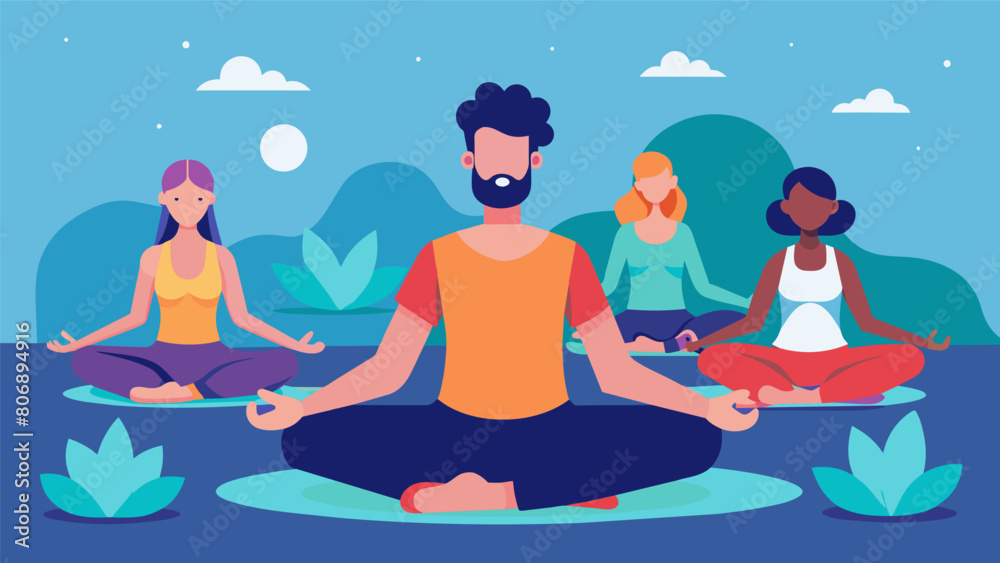 As the class ends the quiet disco yogis bask in a sense of calm and renewal brought on by a harmonious blend of movement and music.. Vector illustration As the class ends the quiet disco yogis bask in a sense of calm and renewal brought on by a harmonious blend of movement and music.. Vector illustration
