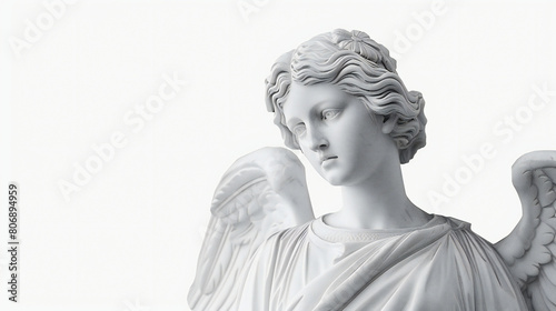 Striking Greek Sculpture: A Radiant White Angel Statue Against a Serene White Background