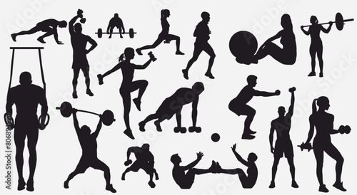 Gym and fitness silhouette collection. Set of fitness people doing fitness and gym activities. 