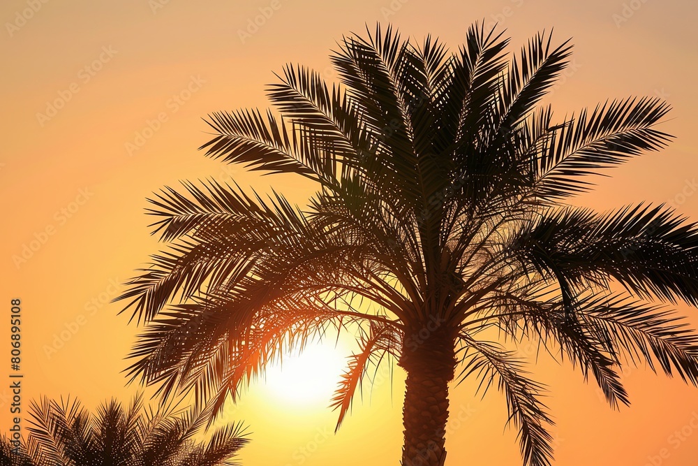 Majestic date palm at sunset casts tranquil silhouette against golden sky Majestic date palm at sunset casts tranquil silhouette against golden sky