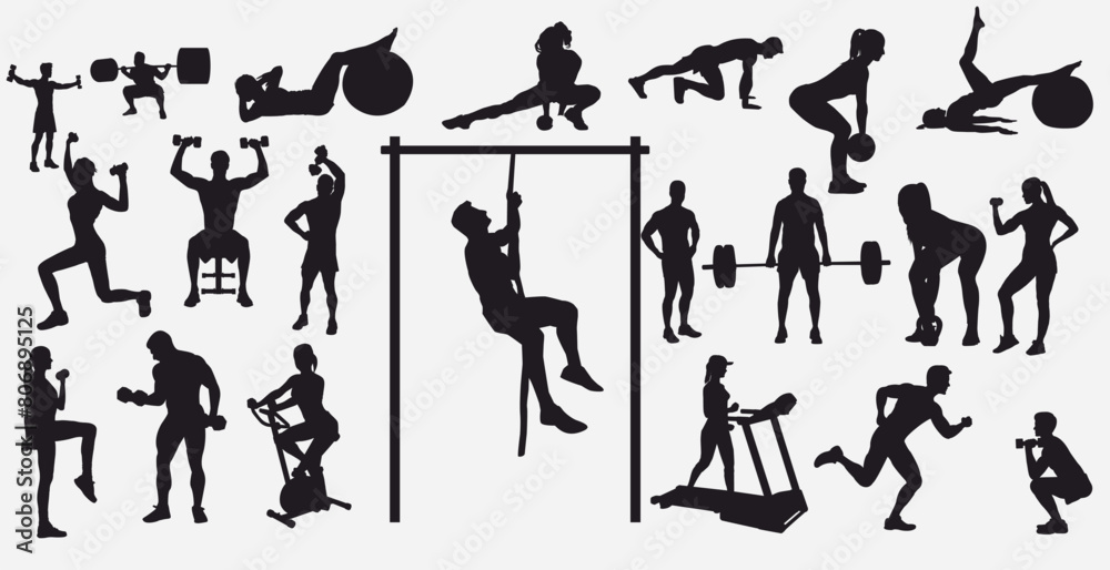 Vector silhouettes collection of active people doing fitness exercises. Fitness people and gym silhouette. Vector silhouettes collection of active people doing fitness exercises. Fitness people and gym silhouette.