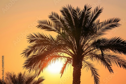 Majestic date palm at sunset casts tranquil silhouette against golden sky