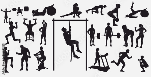 Vector silhouettes collection of active people doing fitness exercises. Fitness people and gym silhouette. 