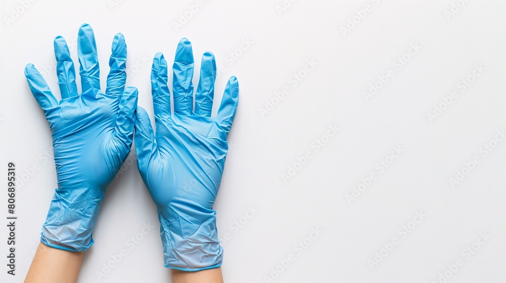 Ensure hygiene and safety with this image of women's hands clad in medical blue gloves, set against a clean white background. Ensure hygiene and safety with this image of women's hands clad in medical blue gloves, set against a clean white background.