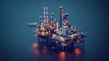 Minimalist 3D isometric representation of oil rig and pastel-colored buildings on dark blue backdrop