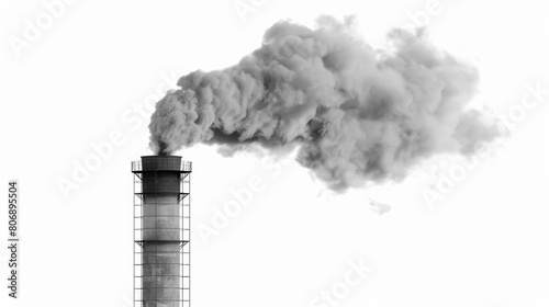 realistic photo of a smokestack emitting thick smoke against a stark white background, symbolizing air pollution from fossil fuels