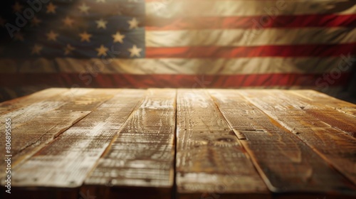 Wooden Table Against the Backdrop of an American Flag, US Memorial Day photo