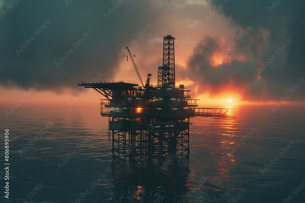 Sunset hyperrealism Drone captures open water oil rig platform