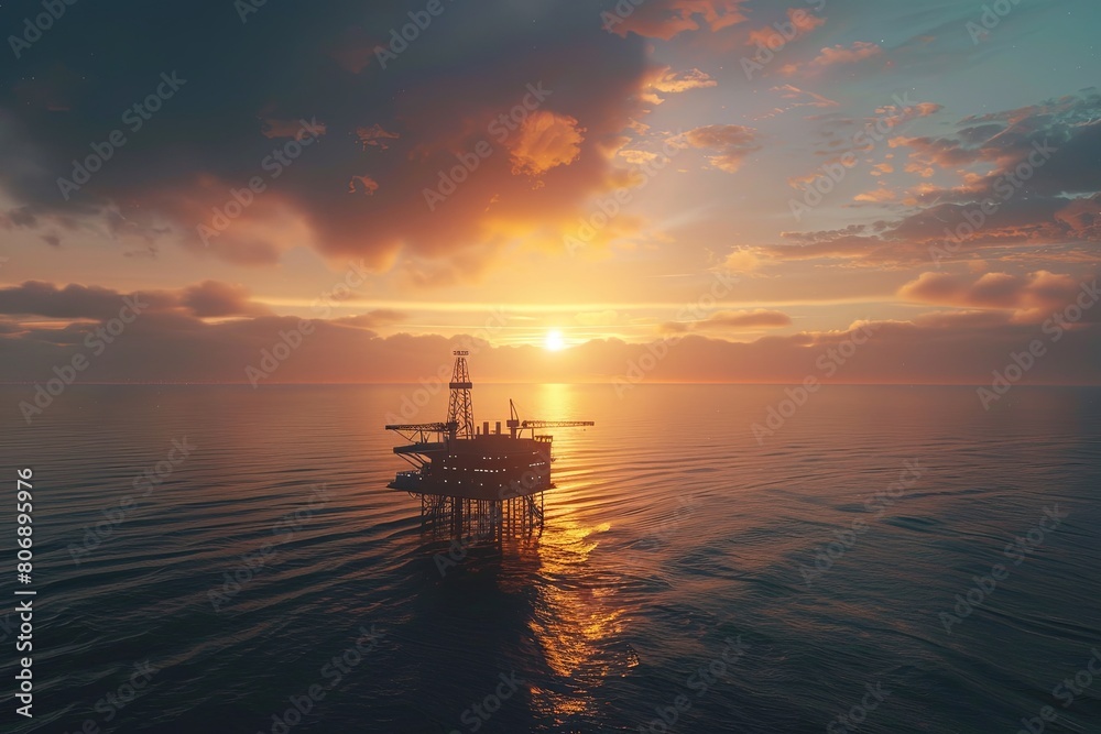 Drone-shot realism Open water oil rig platform under sunset hues