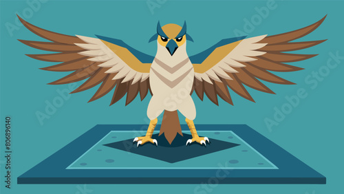 A majestic bird of prey confidently spreads its wings on the training mat responding to stimuli and commands to condition its hunting instincts.. Vector illustration