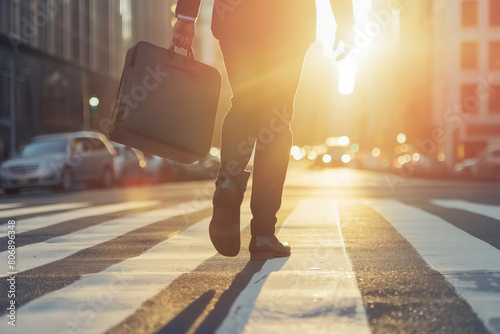 Close-up view of Businessman's legs crossing on the road holding a bag with sunbeams photo