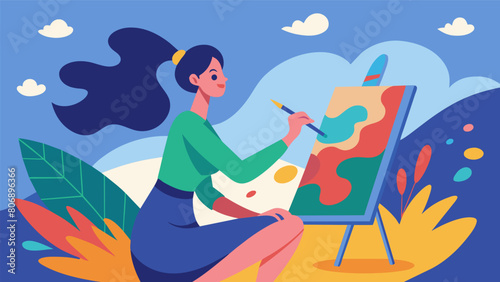 A woman mindfully paints on a canvas fully absorbed in the colors and strokes of her brush.. Vector illustration