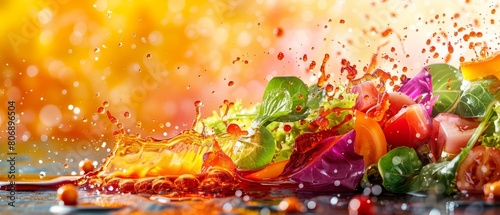 Produce a cookbook cover featuring a colorful splash of vinaigrette over a crisp, fresh vegetable salad, capturing the essence of healthy eating photo