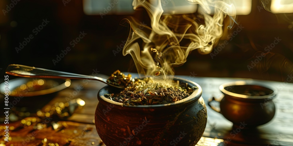 Contrasting lighting highlights yerba mate tea ritual in high-quality DSLR shot Contrasting lighting highlights yerba mate tea ritual in high-quality DSLR shot