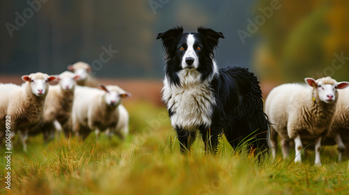 A black and white Border Collie standing alert in a field, with a group of sheep in the background.