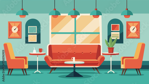A small seating area with retro sofas and chairs allowed customers to relax and chat while waiting for their repairs to be completed.. Vector illustration