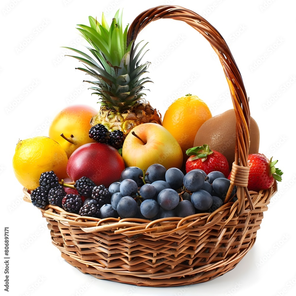 basket with fruits,Variety of fruits in wicker basket isolated on white background basket with fruits,Variety of fruits in wicker basket isolated on white background