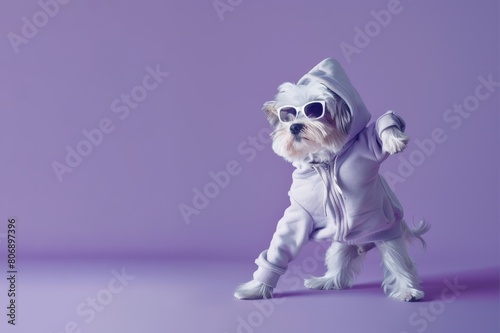 Maltese dog dancing on pastel lilac purple background. Veterinary clinic, grooming salon, pet shop ad. © Dina