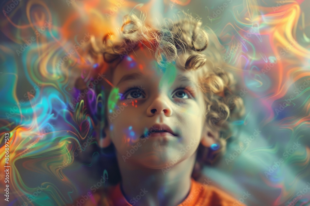 little boy with synesthesia creative poster. Mental health inclusion and awareness. autism spectrum. 