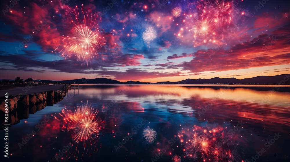 Spectacular Firework Show Over Serene Lake