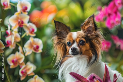 papillon dog purebred outside in green park with orchid flowers