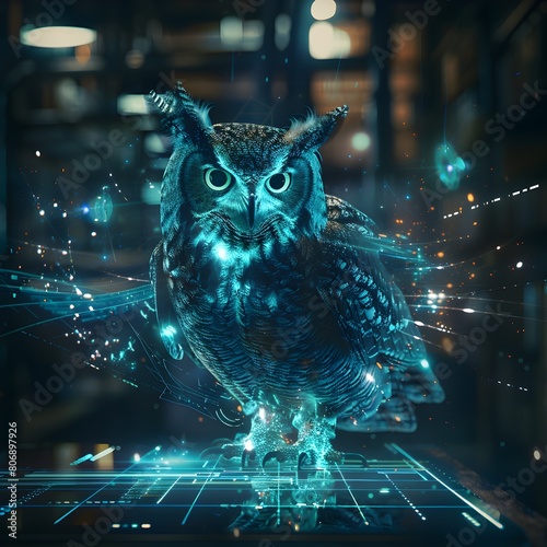 A glowing owl is standing in front of a computer screen. The owl is surrounded by a blue light, giving it a futuristic and otherworldly appearance. Concept of mystery and intrigue
