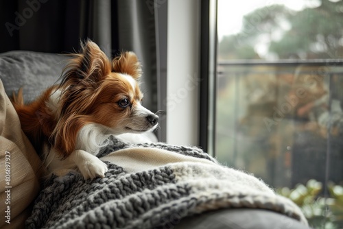 long haired white brown chihuahua dog purebred in luxury apartment cozy scandinavian  minimal interior living room