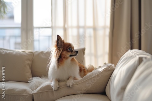 Fototapeta Naklejka Na Ścianę i Meble -  long haired white brown chihuahua dog purebred in luxury apartment interior living room