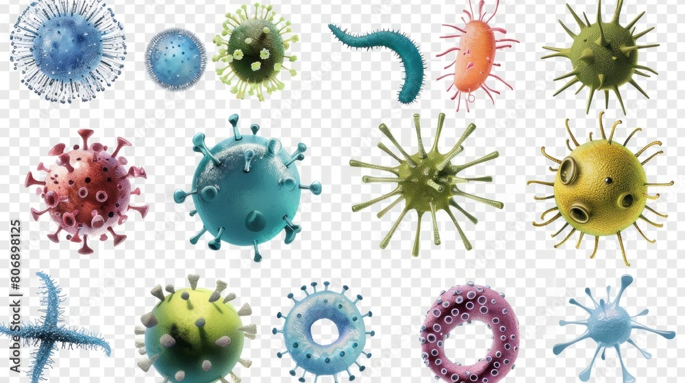 Set of microbes and viruses isolated on transparent background. Set of microbes and viruses isolated on transparent background.