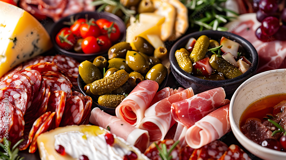 charcuterie, photo of meat platter with cheese,  grape,  nuts, olives, pickles and rosemary branches