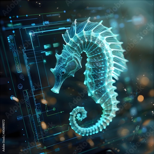 A blue and green sea creature with a glowing head. The image is a digital rendering of a sea creature, possibly a seahorse or a starfish. The creature is surrounded by a blue and green background