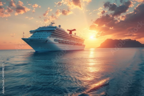 a view of an big cruise ship going to its journey at sunset 