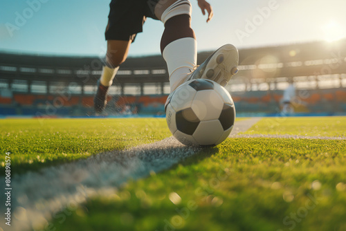 Close-up of a soccer player kicking the ball in the stadium.