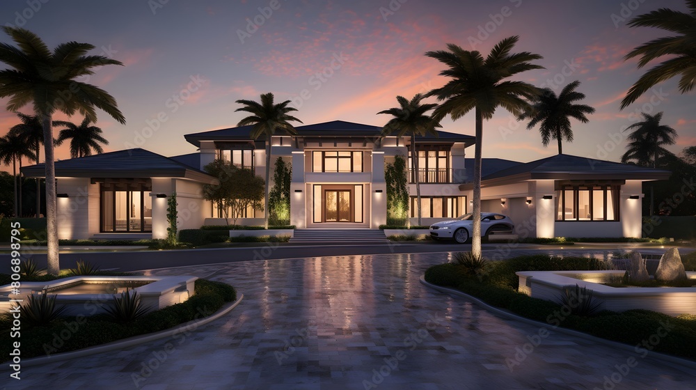 palm trees in front of luxury villa at sunset, 3d render