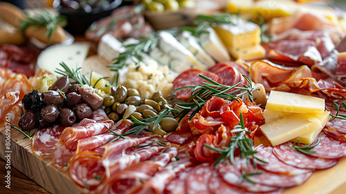 charcuterie, photo of meat platter with cheese, grape, nuts, olives, pickles and rosemary branches
