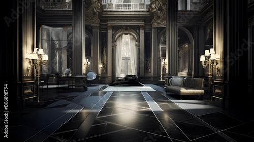 3d rendering of a hall in an old building with a marble floor