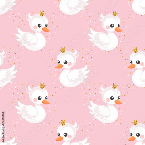 Seamless pattern, little swan princess with a golden crown on a pastel background. Cute background for decorating a nursery bedroom. Vector