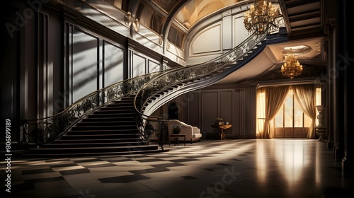 3d rendering of a luxury hotel interior with stairs and large windows