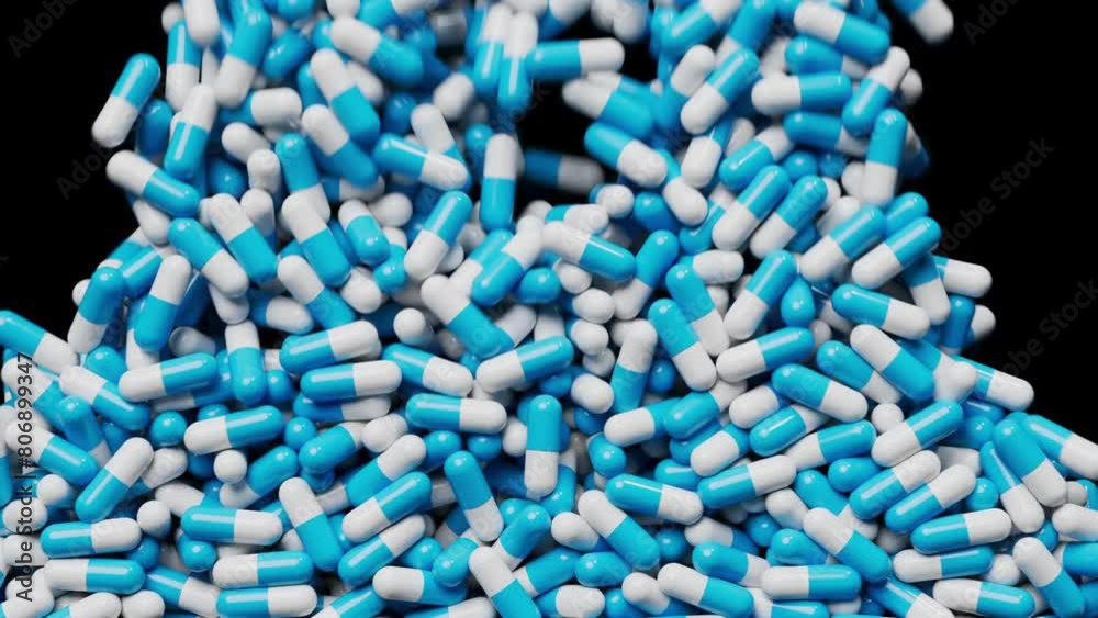White and blue pills fall down and fill screen area. Medicine capsules backdrop. Pharmacology concept. 3d render animation White and blue pills fall down and fill screen area. Medicine capsules backdrop. Pharmacology concept. 3d render animation