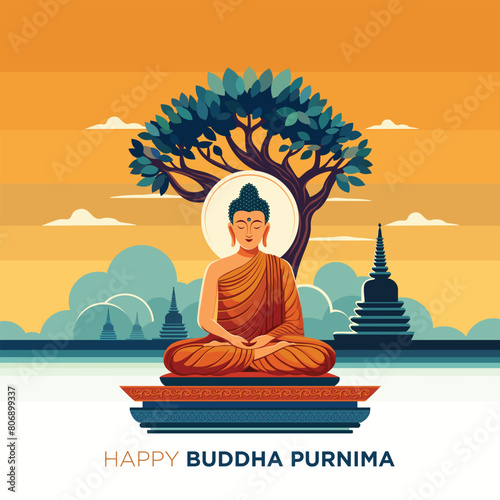 Illustration of buddha purnima. Buddha sitting under a bodhi tree Mountain temple background. Asadha purnima, buddha purnima.	

