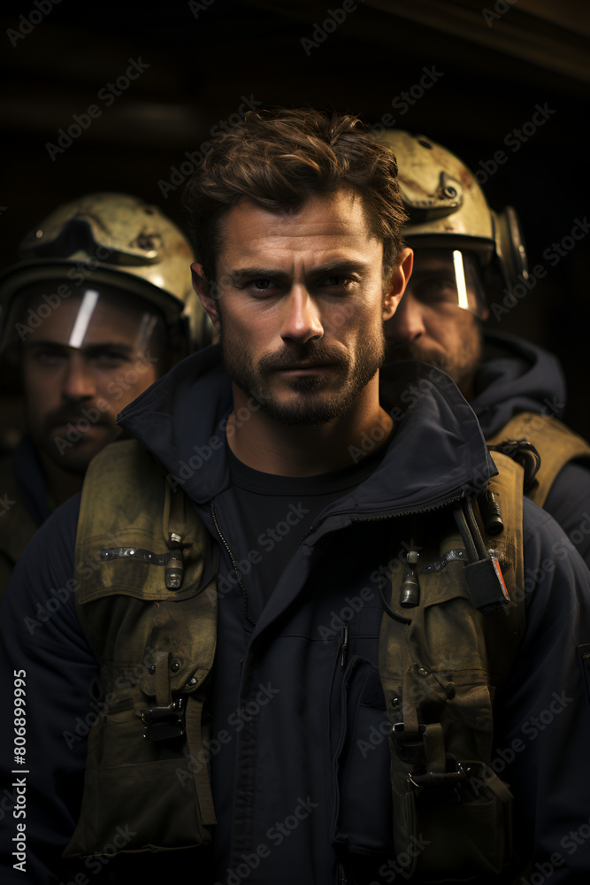 Fototapeta premium A team of male firefighter rescuers generated AI