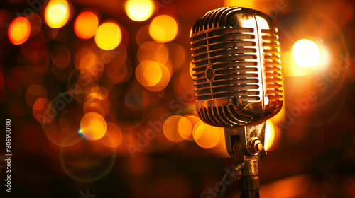 Vintage microphone against a backdrop of colorful warm bokeh lights, projecting a moody, musical ambiance.