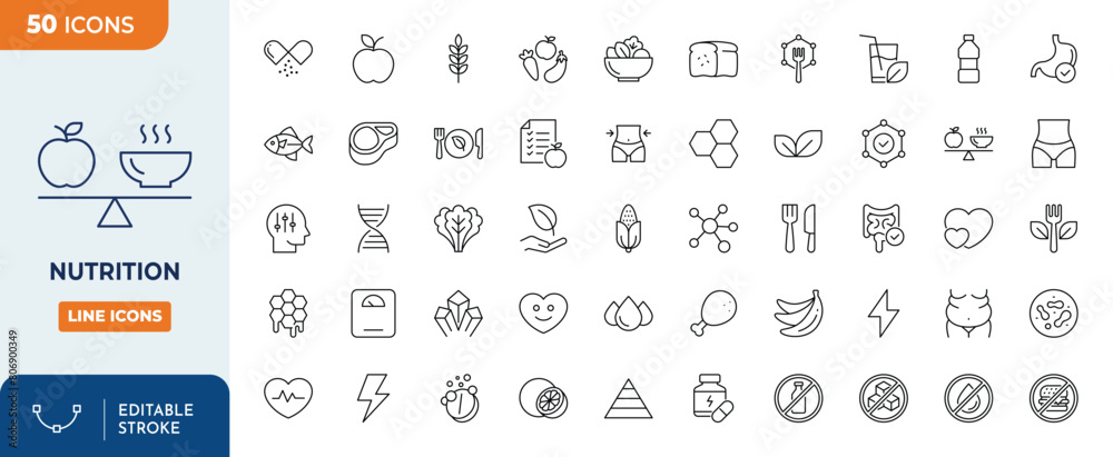 Nutrition line editable icon set. Editable stroke. Vector illustration Nutrition line editable icon set. Editable stroke. Vector illustration