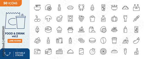 food and drink line editable icon set. contains icons related to various foods and drinks. Editable stroke. Vector illustration	