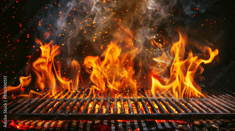 Intense flames and glowing embers rise from a hot barbecue grill shrouded in smoke. Intense flames and glowing embers rise from a hot barbecue grill shrouded in smoke.