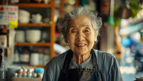 A joyful elderly woman in a bustling market, her experienced smile telling countless stories. photo